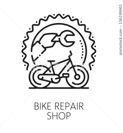 Bicycle repair service line icon or sign. Cycle repair technical center outline symbol, mechanic workshop vector pictogram. Bicycle repair service sign with bike gear wheel and wrench tool in hand 136199901