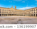Wide view of Spain square in Vitoria-Gasteiz, featuring neoclassical arcaded facades, balconies and 136199907