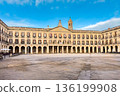 Wide view of Spain square in Vitoria-Gasteiz, featuring neoclassical arcaded facades, balconies and 136199908