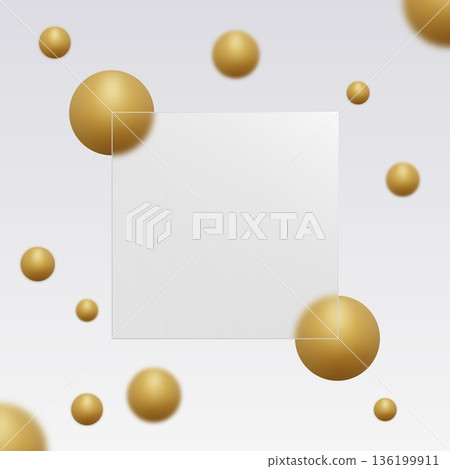 Square translucent glass among many golden spheres on a light neutral background. Eps 10 136199911