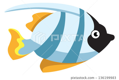 A cartoon fish with orange and blue stripes swimming in the ocean A cartoon fish with orange and blue stripes swimming in the ocean 136199983