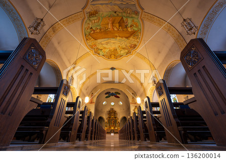 Noah's Ark ceiling painting and Baroque altar in St. Maurice's Church in Zermatt. Zermatt, canton Valais, Switzerland. Noah's Ark ceiling painting and Baroque altar in St. Maurice's Church in Zermatt. Zermatt, canton Valais, Switzerland. 136200014