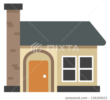 A small house with a brick chimney and a brown door 136200025