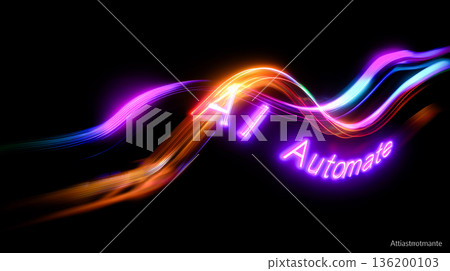 Colorful neon text of AI automate creates dynamic light waves. Abstract setting with black background enhances visual appeal. Concept of technology, innovation, digital marketing. 136200103