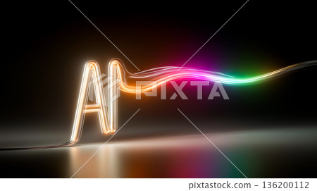 Bright glowing letters create AI symbol with colorful light trails. Dark background enhances visual impact. Concept of technology, innovation, digital solutions. 136200112