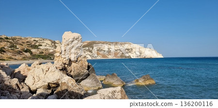 Cyprus White Cliffs and Rocky Shoreline with Azure Sea Cyprus White Cliffs and Rocky Shoreline with Azure Sea 136200116