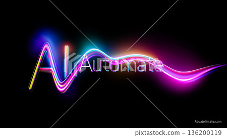 Colorful light waves create text AI Automate. Dark background emphasizes modern design and digital technology. Concept of tech industry, automation, digital marketing. 136200119