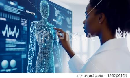Medical expert points at holographic human body diagram in modern healthcare facility. Clean, bright space with digital screens. Concept of medical technology, health research, data analysis. 136200154