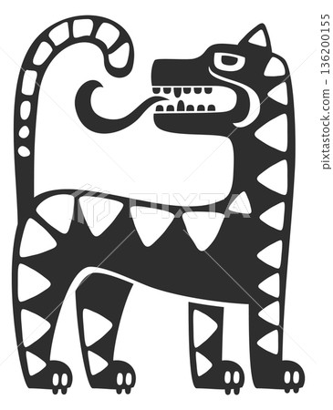 A black and white drawing of a tiger with a long tongue 136200155