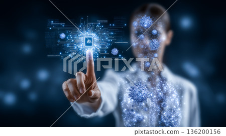 Woman touches glowing AI symbol with finger. Surrounding elements include abstract viruses and digital data. Concept of technology, healthcare, artificial intelligence. 136200156