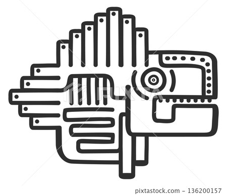 A black and white drawing of a fish with a mouth and eyes 136200157