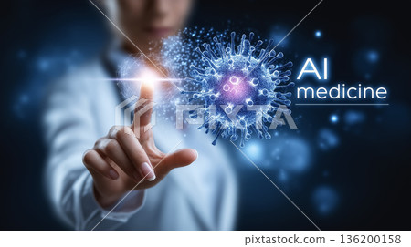 Healthcare professional touches virtual virus illustration showing connection between artificial intelligence and medicine. Dark background enhances tech theme. 136200158