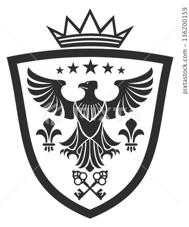 A black and white image of an eagle with a crown on top 136200159
