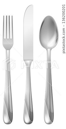 A silver fork, knife, and spoon are shown in a close up A silver fork, knife, and spoon are shown in a close up 136200201