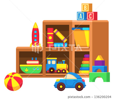 A toy chest filled with toys including a car, a train, a boat, and a rocket A toy chest filled with toys including a car, a train, a boat, and a rocket 136200204