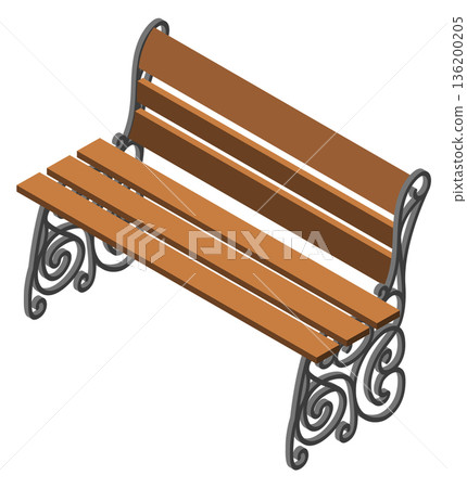 A wooden bench with a metal frame and a spiral design 136200205