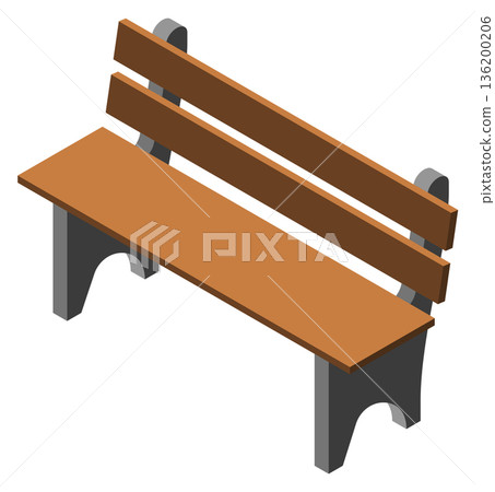 A wooden bench with a gray back is shown in a white background 136200206