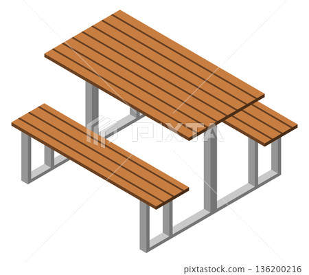A wooden picnic table with two benches and a metal frame 136200216