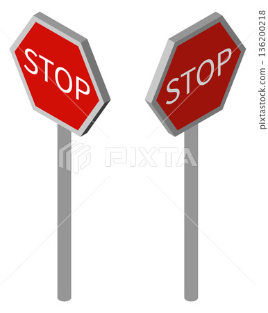 Two stop signs are shown side by side 136200218