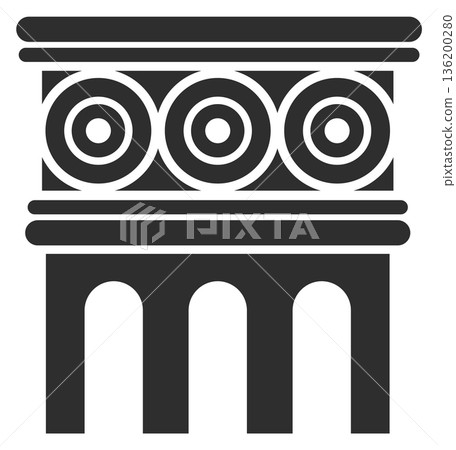 A black and white drawing of a building with three arches 136200280