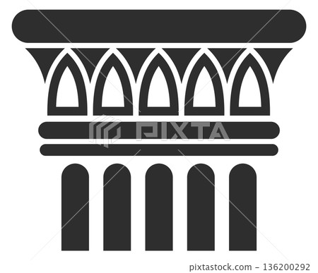 A black and white drawing of a building with arched windows 136200292
