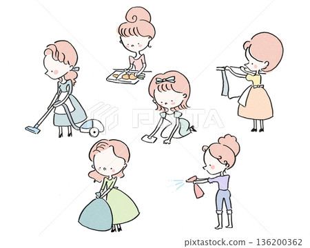 Illustration set of a cute housewife with pink hair doing housework Illustration set of a cute housewife with pink hair doing housework 136200362