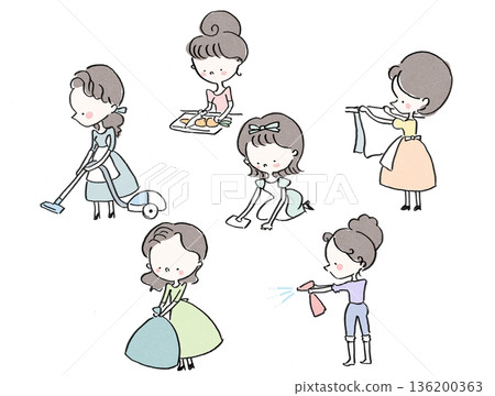 Illustration set of a cute housewife with black hair doing housework Illustration set of a cute housewife with black hair doing housework 136200363
