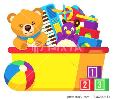 A yellow container with a bunch of toys in it 136200414