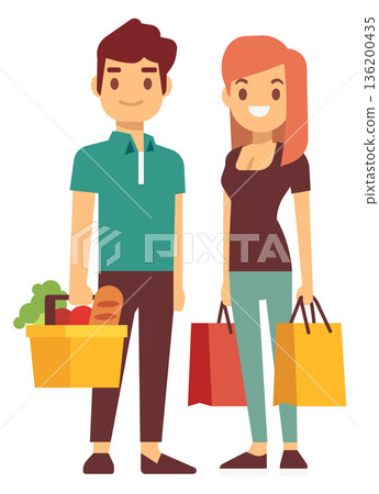 A man and a woman are standing together, both holding shopping bags 136200435