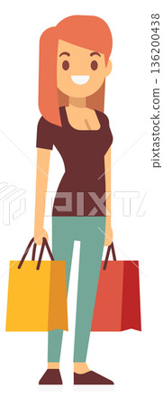 A woman is holding two shopping bags and smiling A woman is holding two shopping bags and smiling 136200438