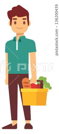 A man is holding a basket full of vegetables and fruits A man is holding a basket full of vegetables and fruits 136200439
