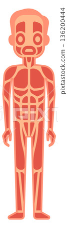 A cartoon man with red muscles stands in front of a white background 136200444