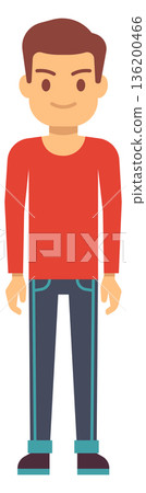 A cartoon man in a red shirt and blue jeans is standing with his arms crossed A cartoon man in a red shirt and blue jeans is standing with his arms crossed 136200466