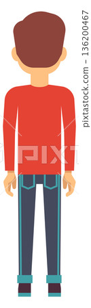 A man in a red shirt and blue jeans is standing in front of a white background A man in a red shirt and blue jeans is standing in front of a white background 136200467