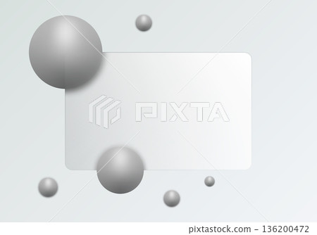 Minimalistic digital design in glass morphism style with a frosted glass panel and several grey spheres. Eps 10 136200472