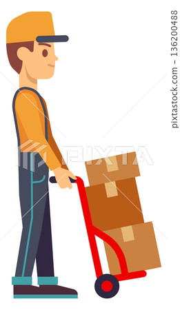 A man in a yellow shirt is pushing a cart with boxes on it 136200488