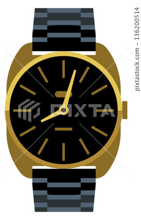 A watch with a black face and gold band 136200514