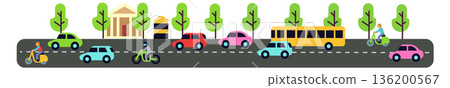 A busy street with cars, buses, and bicycles A busy street with cars, buses, and bicycles 136200567