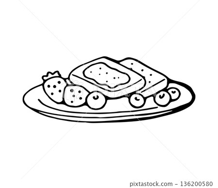 Hand drawn breakfast plate illustration with food in cute doodle style for menu and cafe design Hand drawn breakfast plate illustration with food in cute doodle style for menu and cafe design 136200580