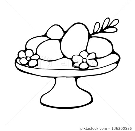Hand drawn eggs and flowers illustration on plate in cute doodle style for spring and easter design 136200586