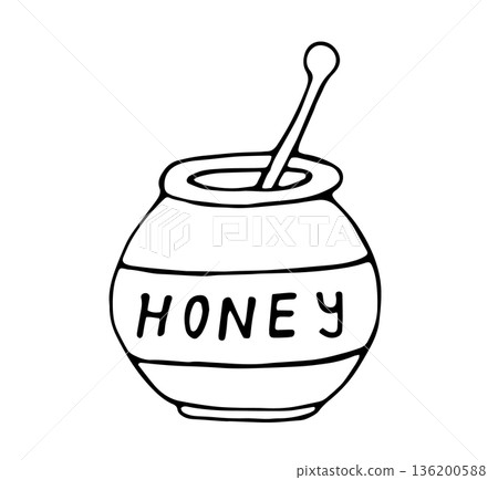 Hand drawn honey barrel with spoon illustration in cute doodle style for food design 136200588