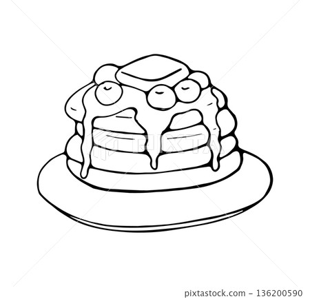 Hand drawn pancakes with butter and berries illustration in cute doodle style for food design 136200590