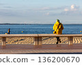 people sitting on a bench looking at the sea 136200670