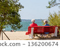 Back view of senior woman sitting on a bench at the beach 136200674
