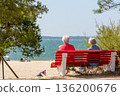 Back view of senior woman sitting on a bench at the beach 136200676
