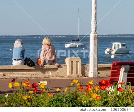 Back view of senior woman sitting on a bench at the beach Back view of senior woman sitting on a bench at the beach 136200684
