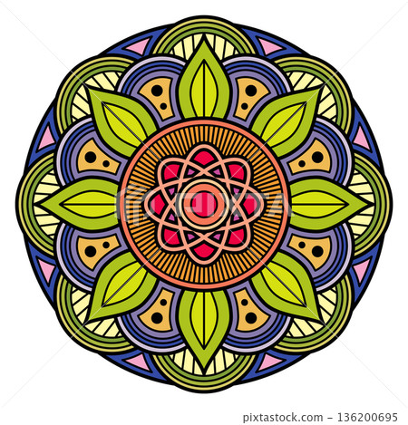 A colorful flower with green leaves and a red center A colorful flower with green leaves and a red center 136200695