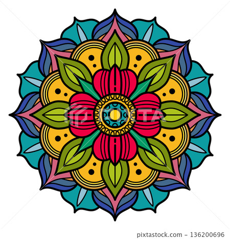 A colorful flower with green leaves and red petals 136200696
