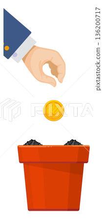A hand is reaching into a red pot to put a coin in it 136200717
