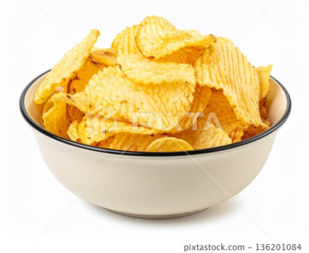 A bowl of crispy potato chips on a white background A bowl of crispy potato chips on a white background 136201084